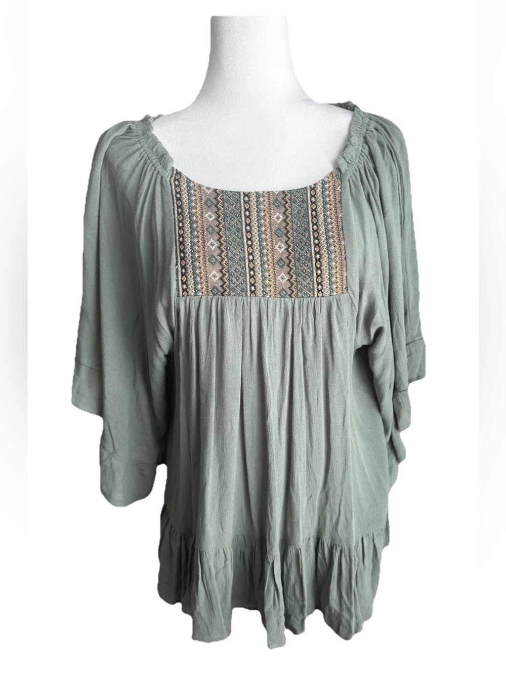 EASEL Sage Green Boho Babydoll Tunic Top Ruffled Bell Sleeve Embroidered Sz S
